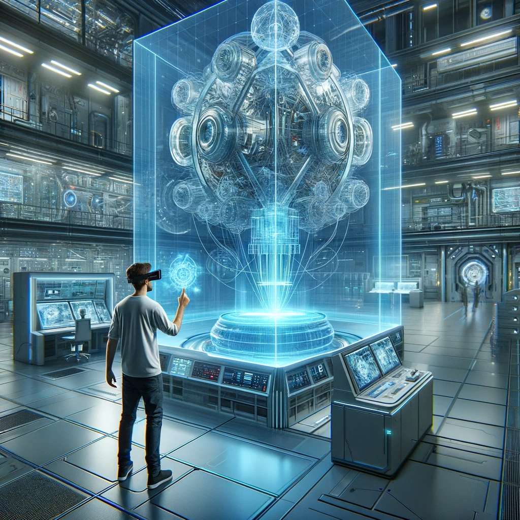 A futuristic scene with a translucent, holographic display of a digital twin in a high-tech laboratory, with a person interacting with the display.